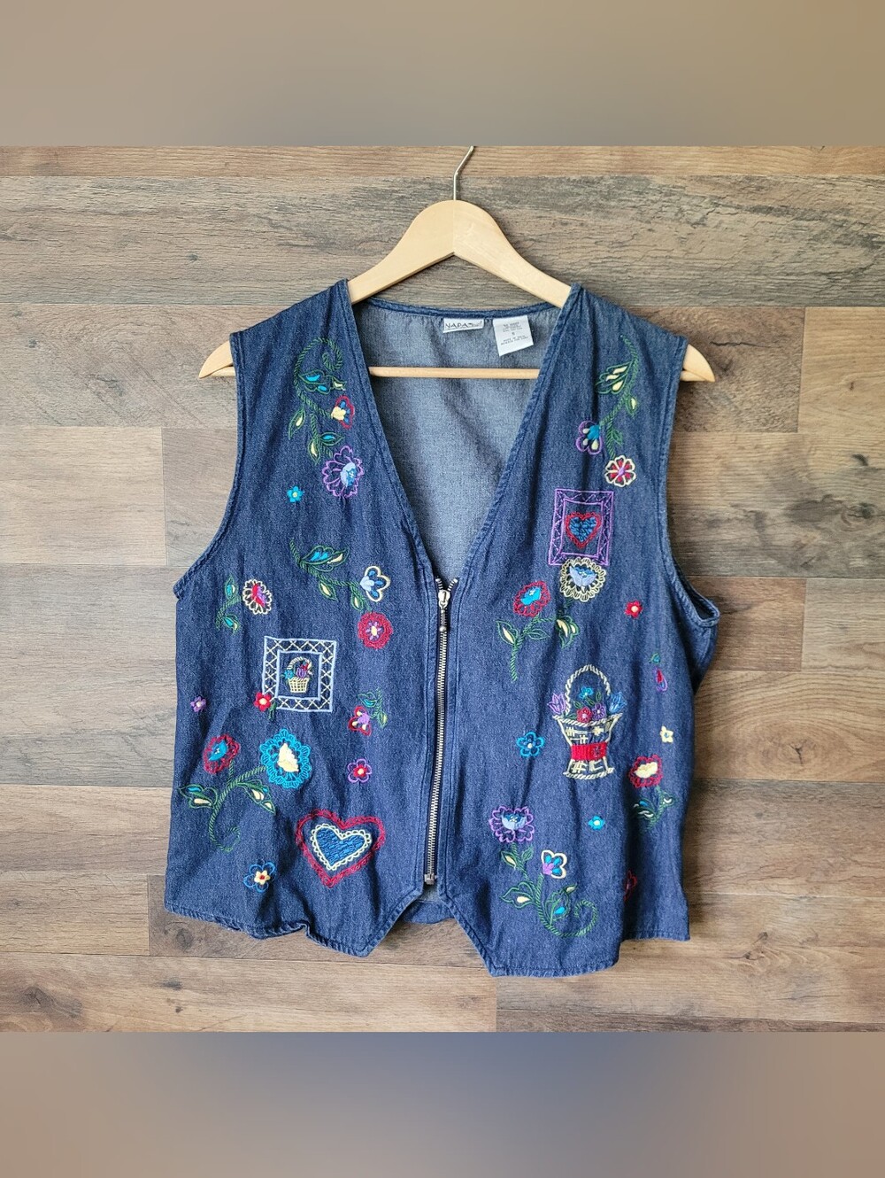 Napa Valley Womens S Denim Vest Embroidered Floral Zip Front Boho